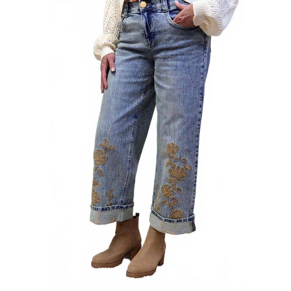 NEW DEMOCRACY wide leg ab solution embroidered jeans in denim